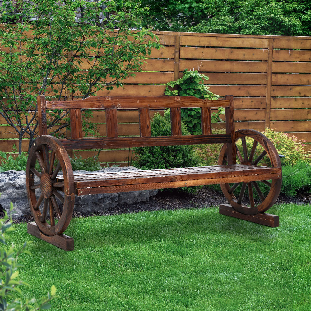 Wooden 3 Seater Rustic Wagon Wheel Garden Bench Chair - Brown - Homecoze