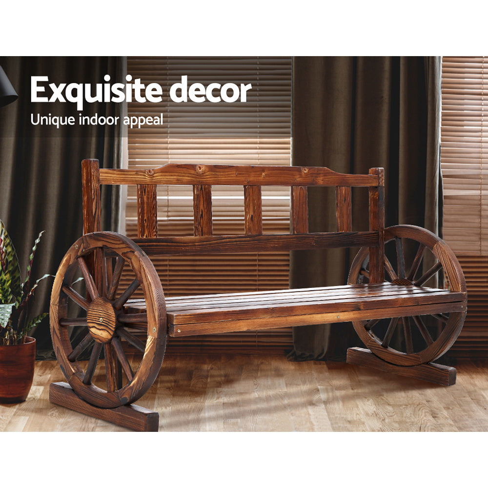 Wooden 3 Seater Rustic Wagon Wheel Garden Bench Chair - Brown - Homecoze