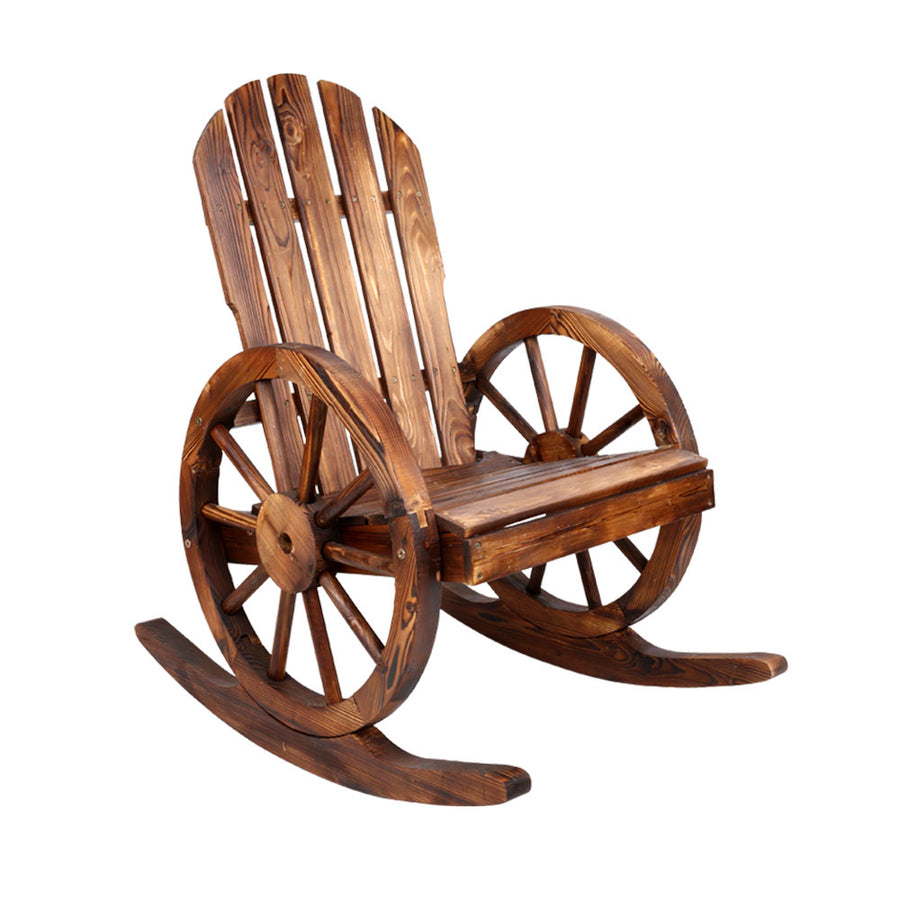 Wooden Rocking Chair Rustic Wagon Wheel Garden Bench - Brown Homecoze