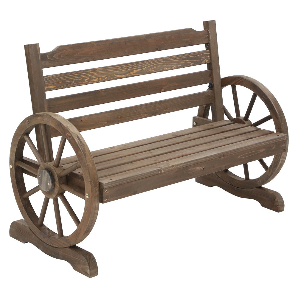Wooden 2 Seater Rustic Wagon Wheel Garden Bench Chair - Burnt Wood Brown - Homecoze