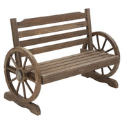 Wooden 2 Seater Rustic Wagon Wheel Garden Bench Chair - Burnt Wood Brown - Homecoze