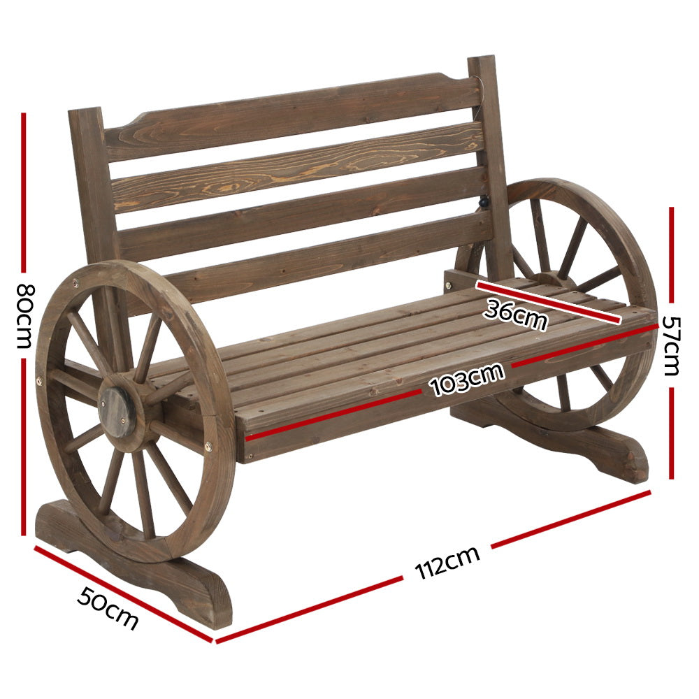 Wooden 2 Seater Rustic Wagon Wheel Garden Bench Chair - Burnt Wood Brown - Homecoze