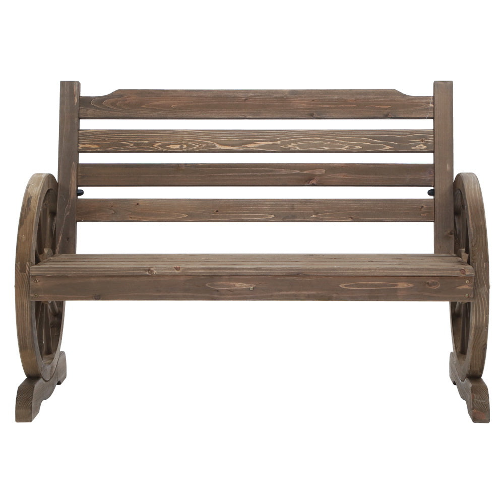 Wooden 2 Seater Rustic Wagon Wheel Garden Bench Chair - Burnt Wood Brown - Homecoze