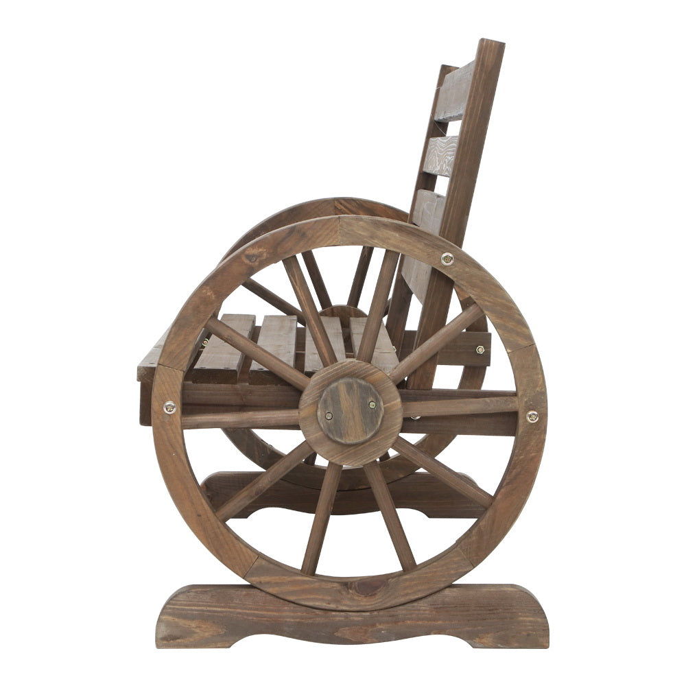 Wooden 2 Seater Rustic Wagon Wheel Garden Bench Chair - Burnt Wood Brown - Homecoze