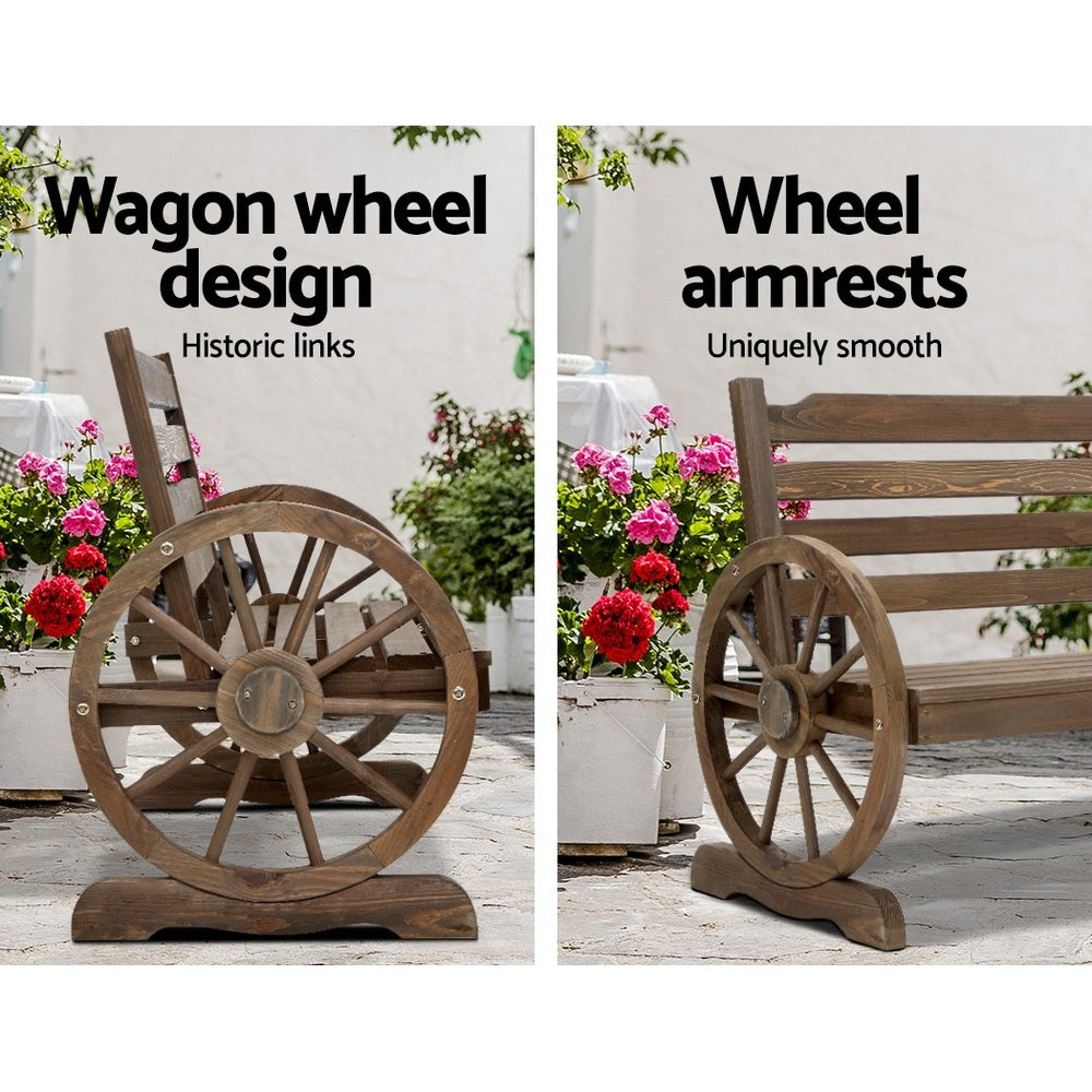 Wooden 2 Seater Rustic Wagon Wheel Garden Bench Chair - Burnt Wood Brown - Homecoze