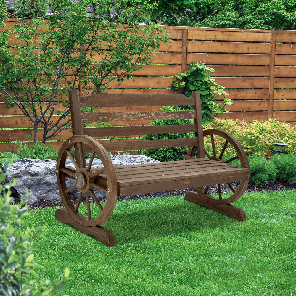 Wooden 2 Seater Rustic Wagon Wheel Garden Bench Chair - Burnt Wood Brown - Homecoze