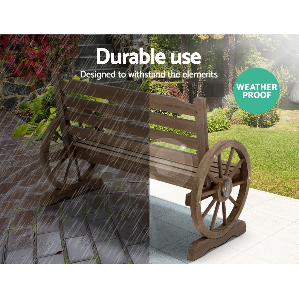 Wooden 2 Seater Rustic Wagon Wheel Garden Bench Chair - Burnt Wood Brown - Homecoze