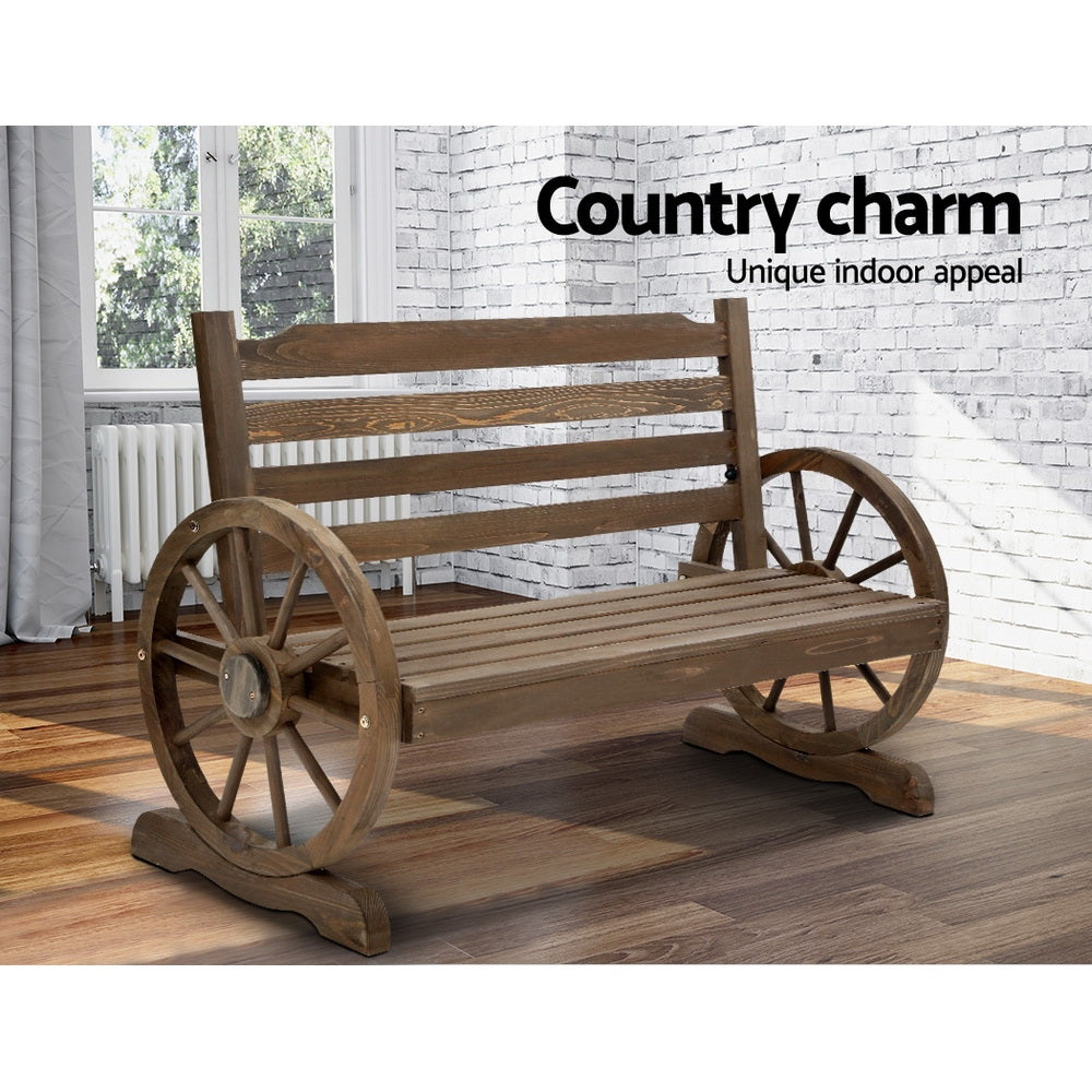 Wooden 2 Seater Rustic Wagon Wheel Garden Bench Chair - Burnt Wood Brown - Homecoze