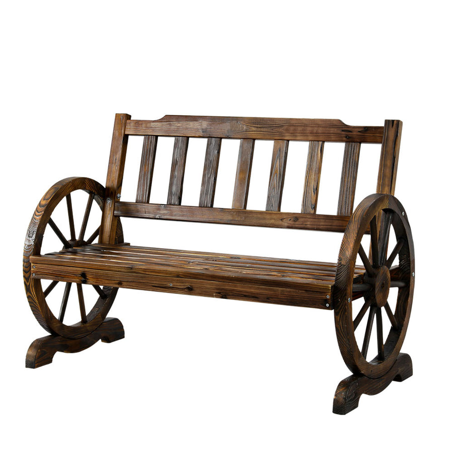 Wooden 2 Seater Rustic Wagon Wheel Garden Bench Chair - Brown Homecoze