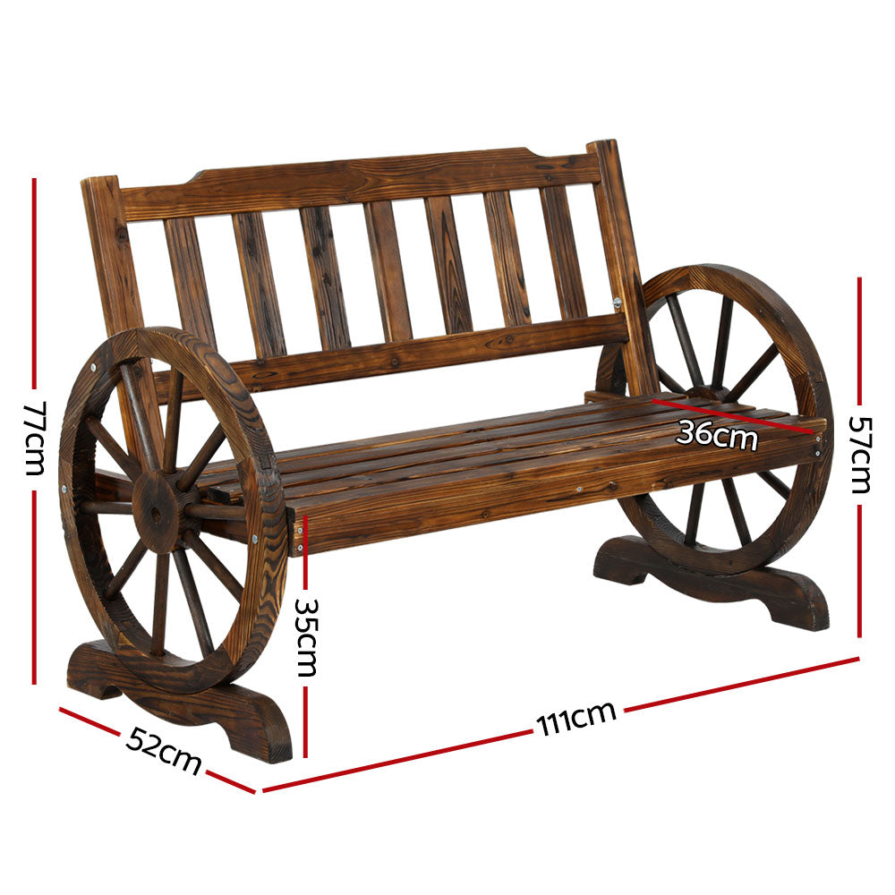 Wooden 2 Seater Rustic Wagon Wheel Garden Bench Chair - Brown Homecoze