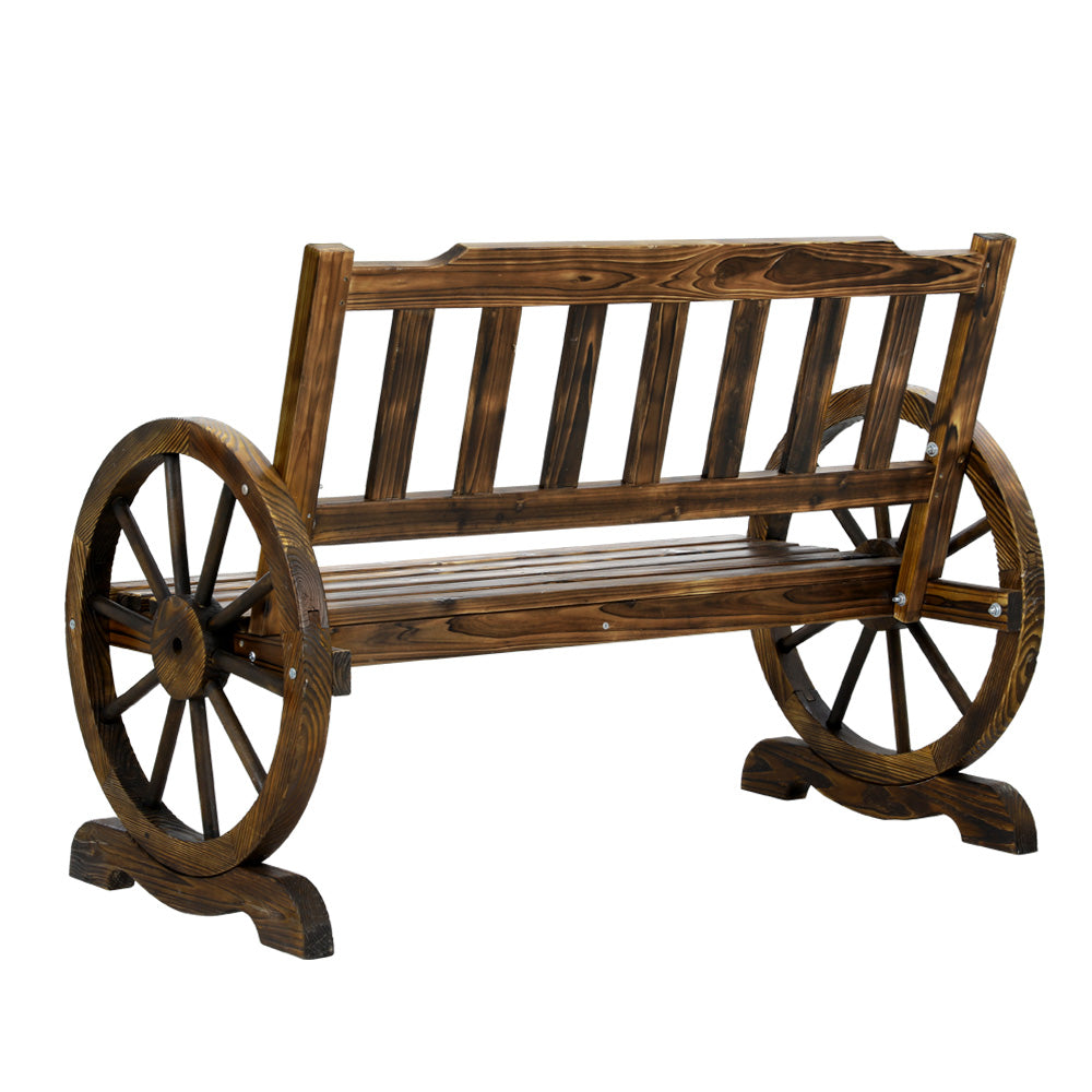 Wooden 2 Seater Rustic Wagon Wheel Garden Bench Chair - Brown Homecoze