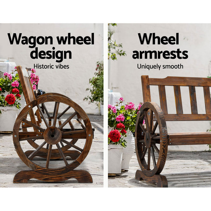 Wooden 2 Seater Rustic Wagon Wheel Garden Bench Chair - Brown Homecoze