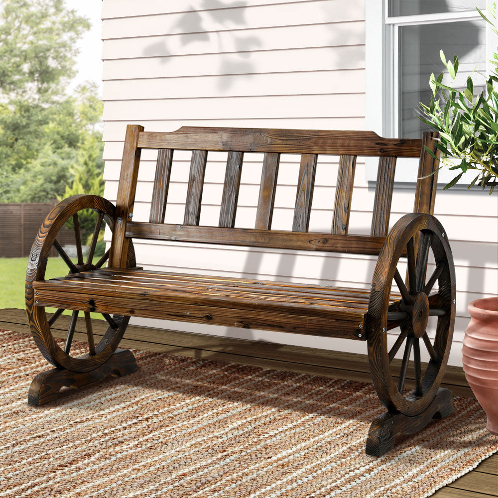 Wooden 2 Seater Rustic Wagon Wheel Garden Bench Chair - Brown Homecoze