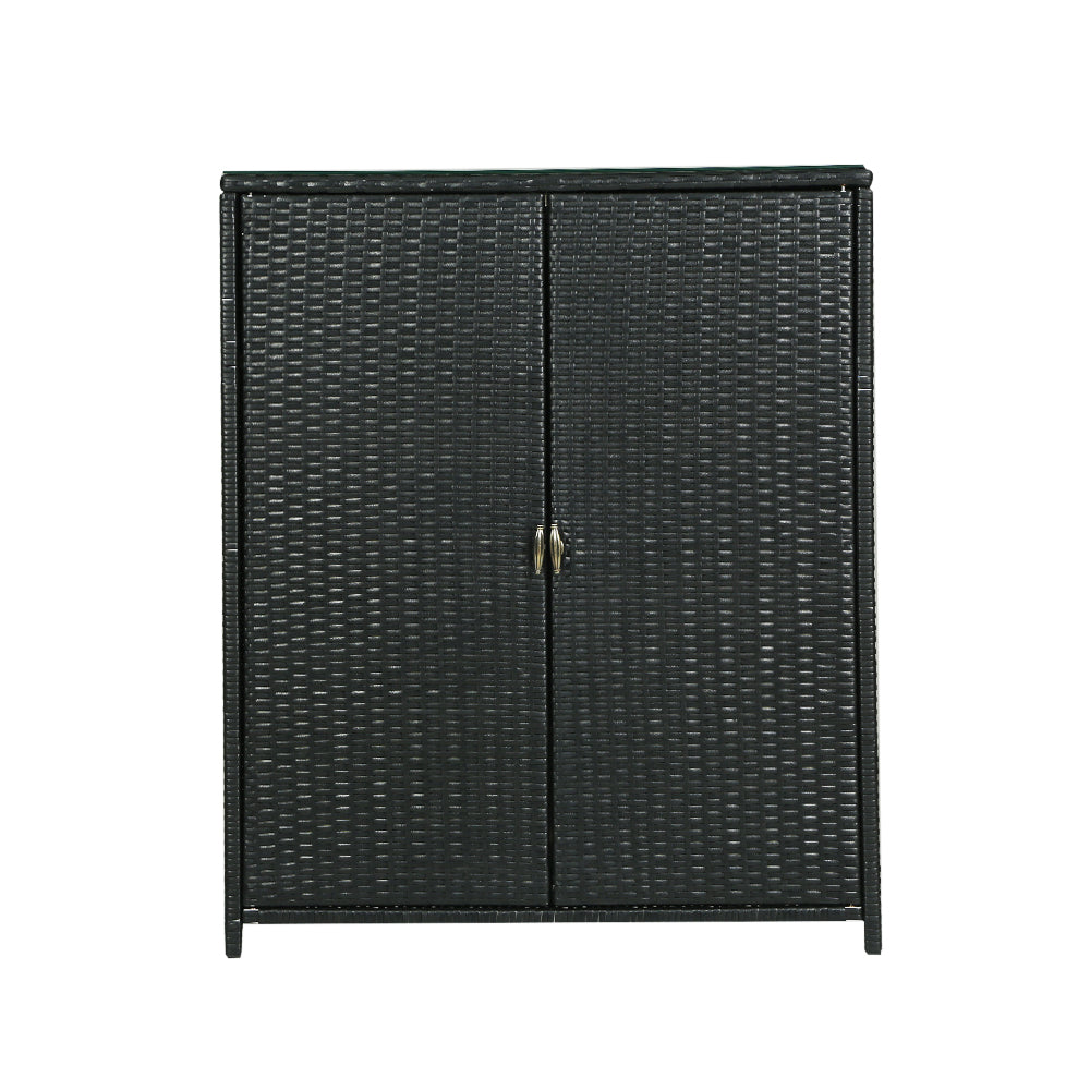 Wicker 2-in-1 Outdoor Bar Side Table Storage Cabinet with Glass Top - Black Homecoze