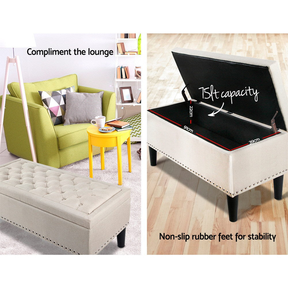 Large 97cm Storage Ottoman Blanket Box - Taupe Linen Fabric Homecoze
