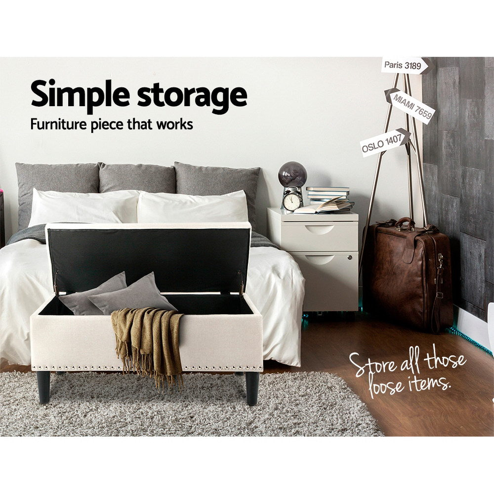 Large 97cm Storage Ottoman Blanket Box - Taupe Linen Fabric Homecoze