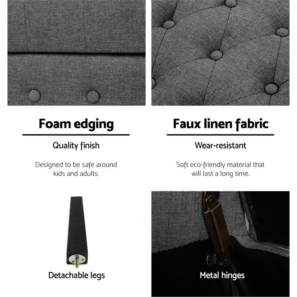 Faux Linen Fabric Elegant Storage Ottoman 104cm - Grey - Homecoze