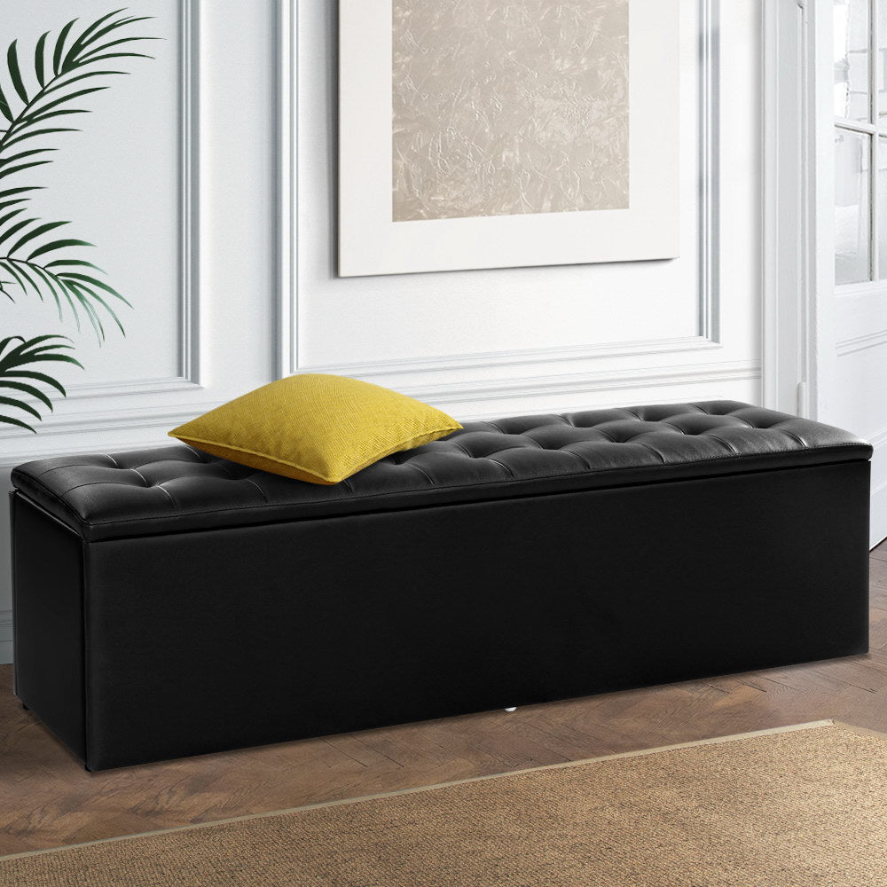 Extra Large 140cm Storage Ottoman Blanket Box - Black Faux Leather Homecoze