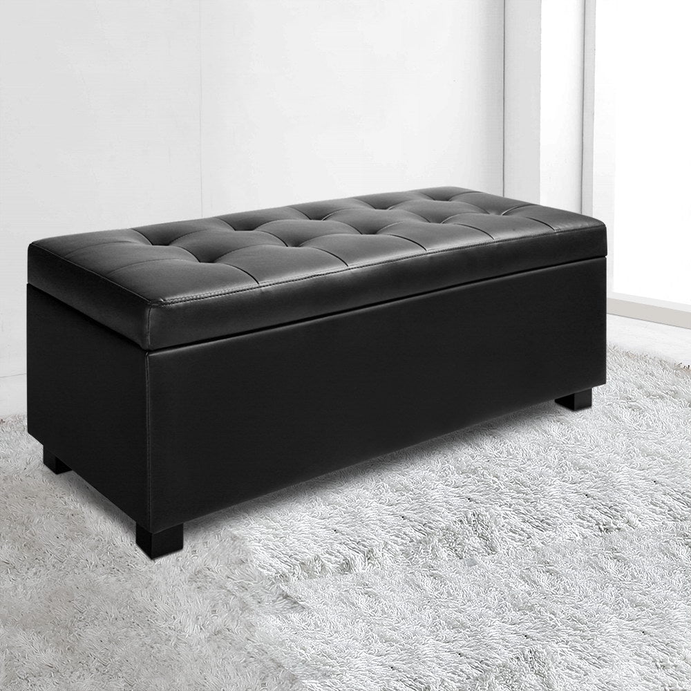 Large 97cm Storage Ottoman Blanket Box - Faux Leather Black Homecoze