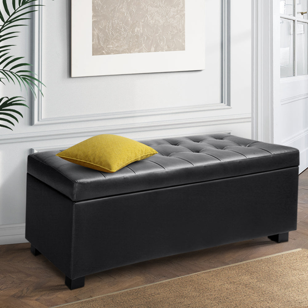 Large 97cm Storage Ottoman Blanket Box - Faux Leather Black Homecoze