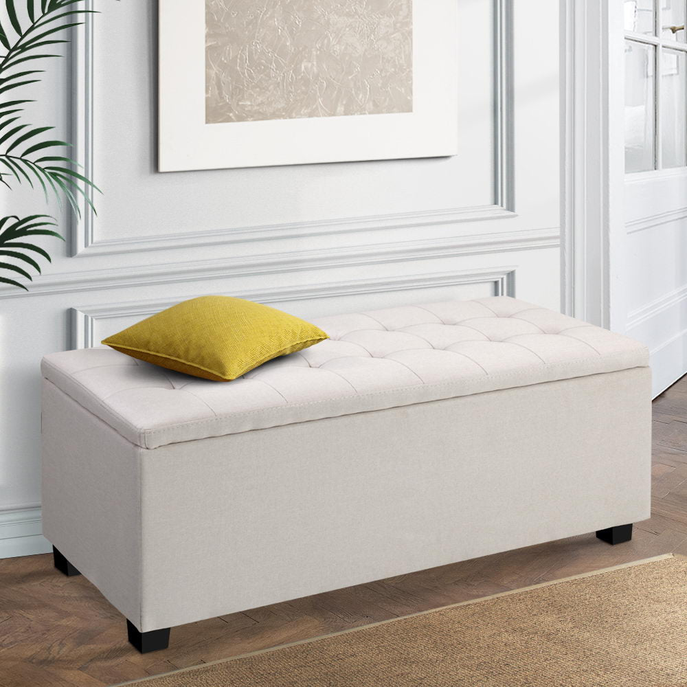 Faux Linen Fabric Storage Ottoman 97cm - Beige Homecoze