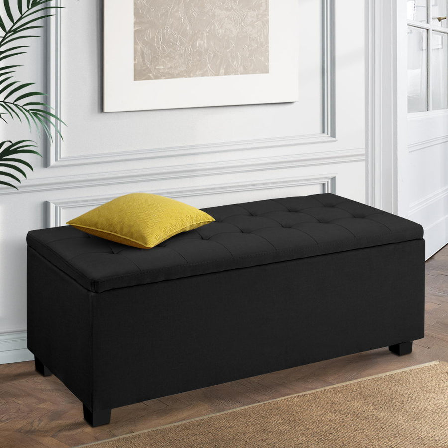 Large 97cm Storage Ottoman Blanket Box - Black Linen Fabric Homecoze