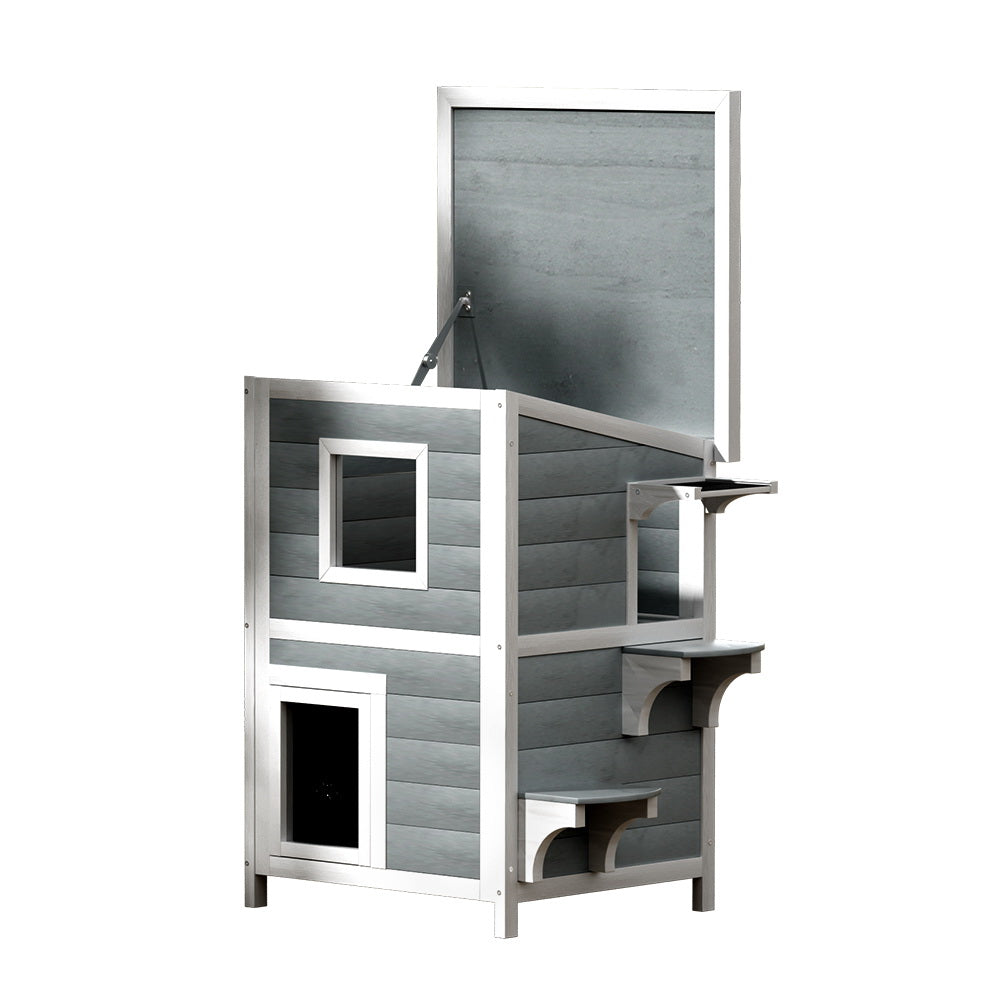 Cat Kennel Wooden Small Pet House Two Level Cabin 56cm x 52cm x 82cm - Homecoze