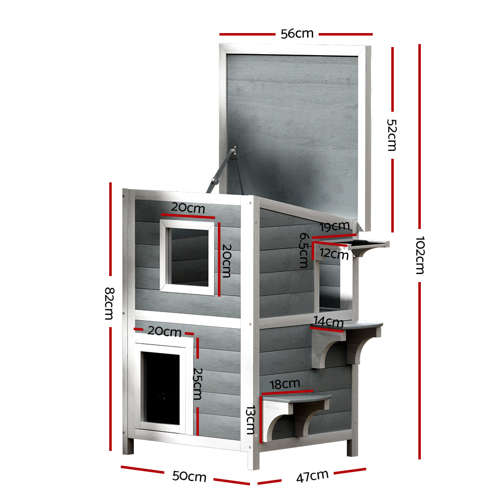 Cat Kennel Wooden Small Pet House Two Level Cabin 56cm x 52cm x 82cm - Homecoze