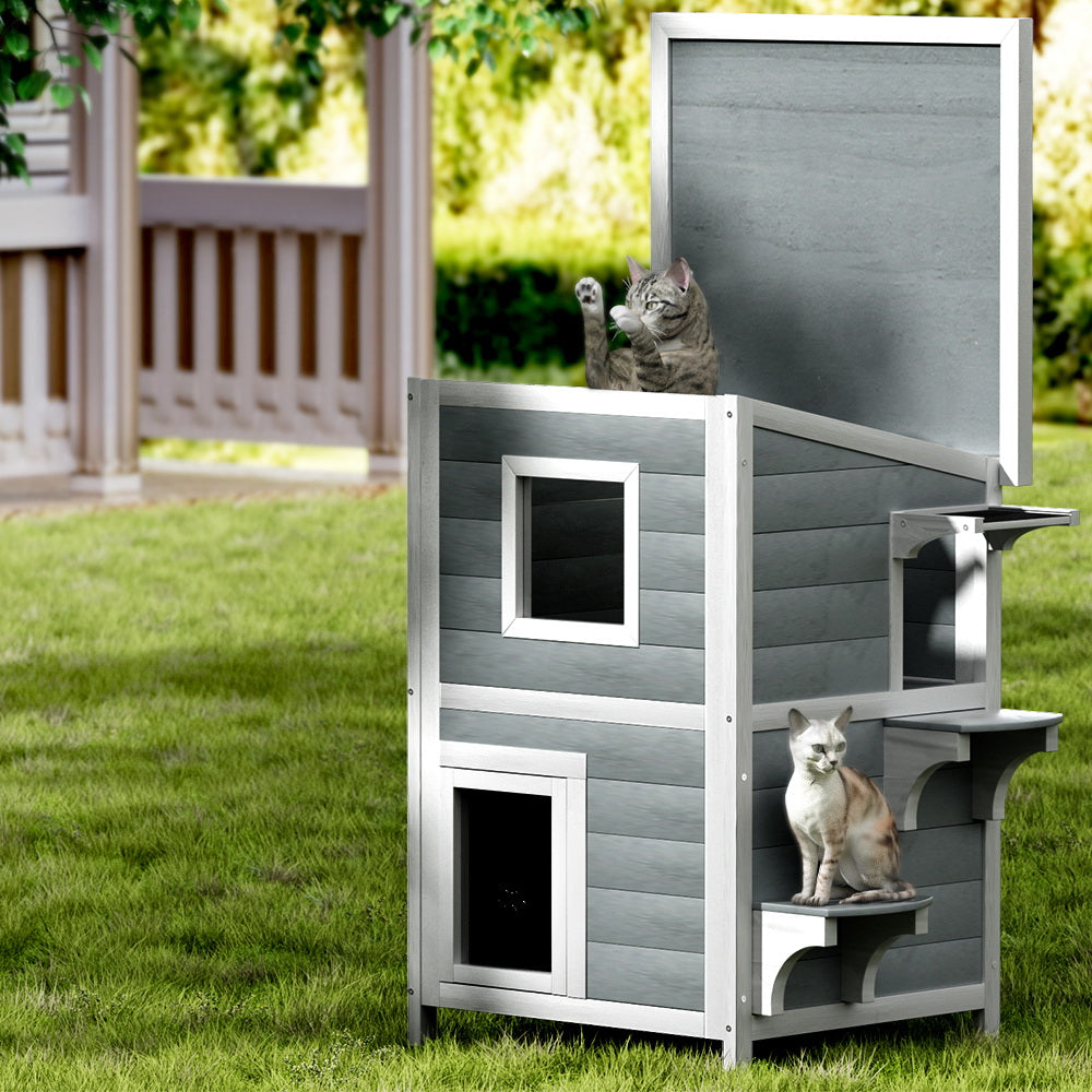 Cat Kennel Wooden Small Pet House Two Level Cabin 56cm x 52cm x 82cm - Homecoze