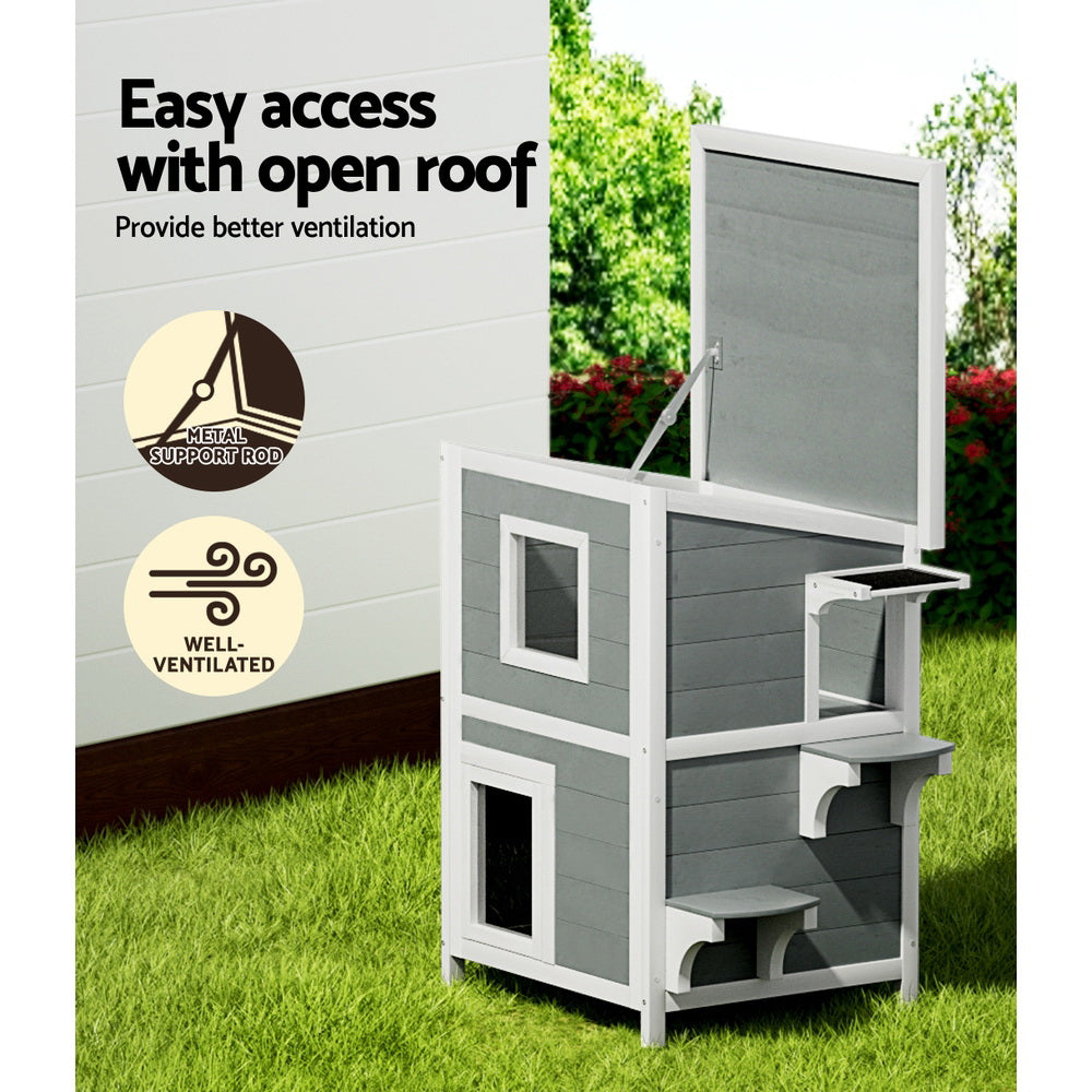 Cat Kennel Wooden Small Pet House Two Level Cabin 56cm x 52cm x 82cm - Homecoze