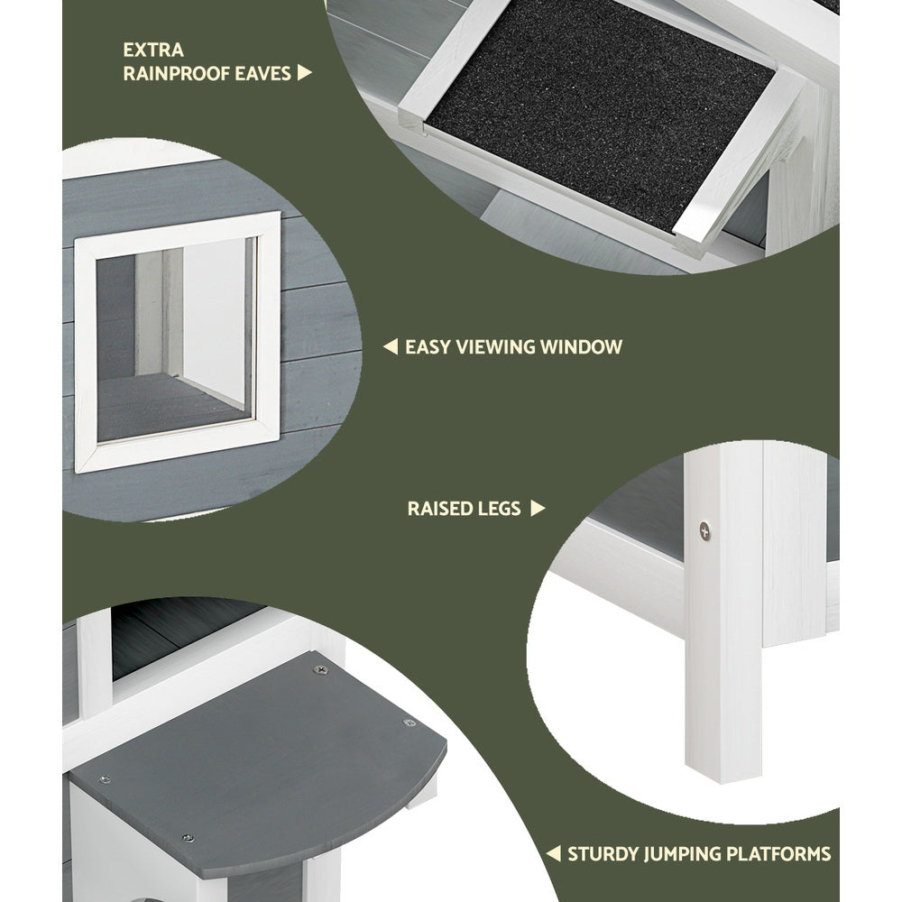 Cat Kennel Wooden Small Pet House Two Level Cabin 56cm x 52cm x 82cm - Homecoze