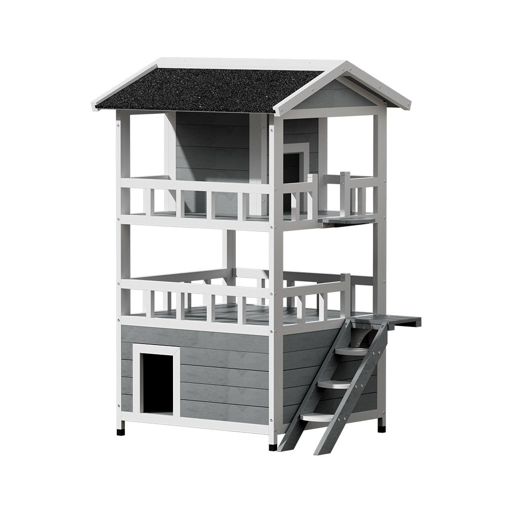 Cat Kennel Wooden Small Pet House 3 Level Cabin 72cm x 72cm x 127cm - Homecoze