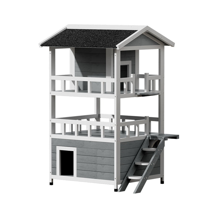 Cat Kennel Wooden Small Pet House 3 Level Cabin 72cm x 72cm x 127cm