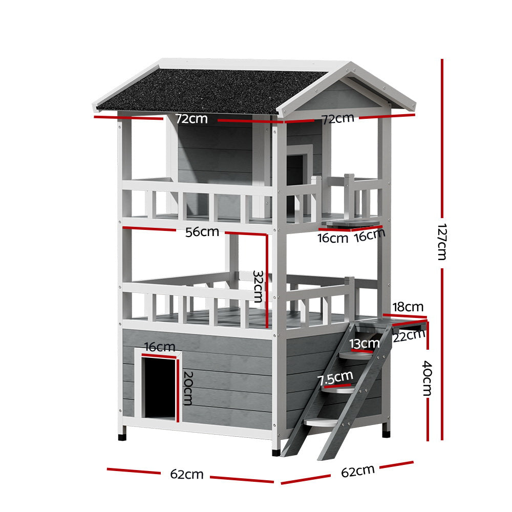 Cat Kennel Wooden Small Pet House 3 Level Cabin 72cm x 72cm x 127cm - Homecoze