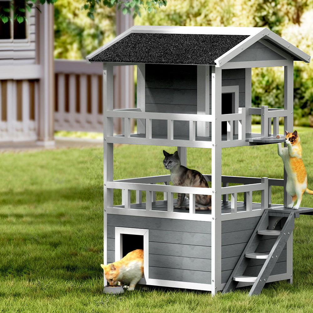 Cat Kennel Wooden Small Pet House 3 Level Cabin 72cm x 72cm x 127cm - Homecoze