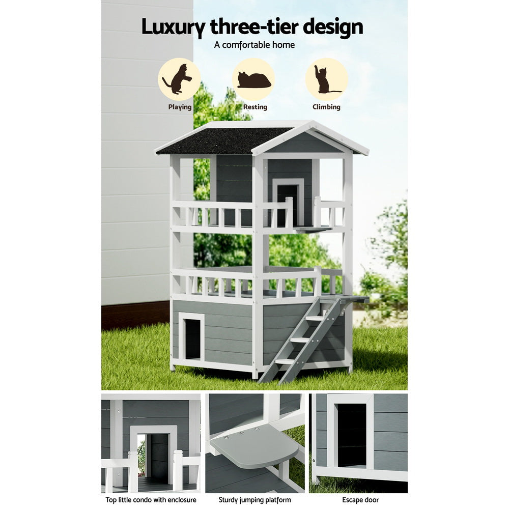 Cat Kennel Wooden Small Pet House 3 Level Cabin 72cm x 72cm x 127cm - Homecoze