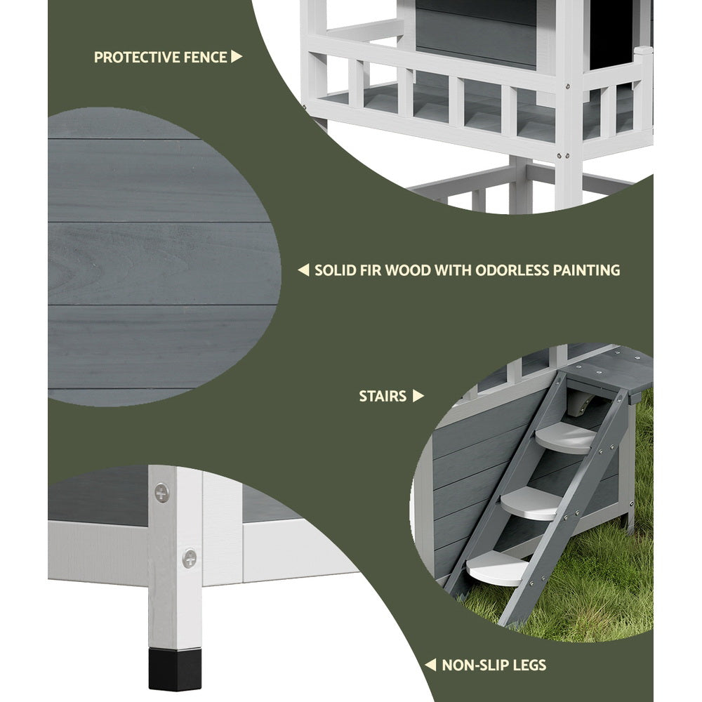 Cat Kennel Wooden Small Pet House 3 Level Cabin 72cm x 72cm x 127cm - Homecoze
