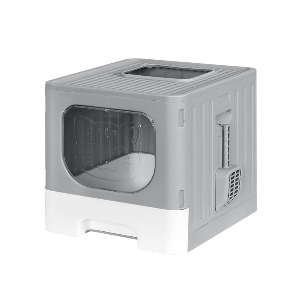 Cat Litter Box Large Tray Kitty Toilet Enclosed Hooded Foldable Scoop Grey Homecoze