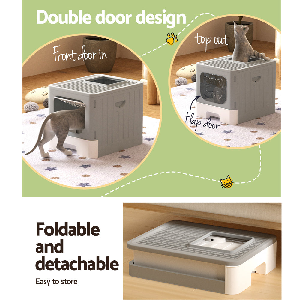 Cat Litter Box Large Tray Kitty Toilet Enclosed Hooded Foldable Scoop Grey Homecoze