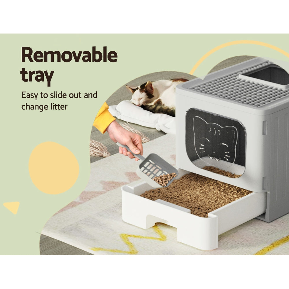 Cat Litter Box Large Tray Kitty Toilet Enclosed Hooded Foldable Scoop Grey Homecoze