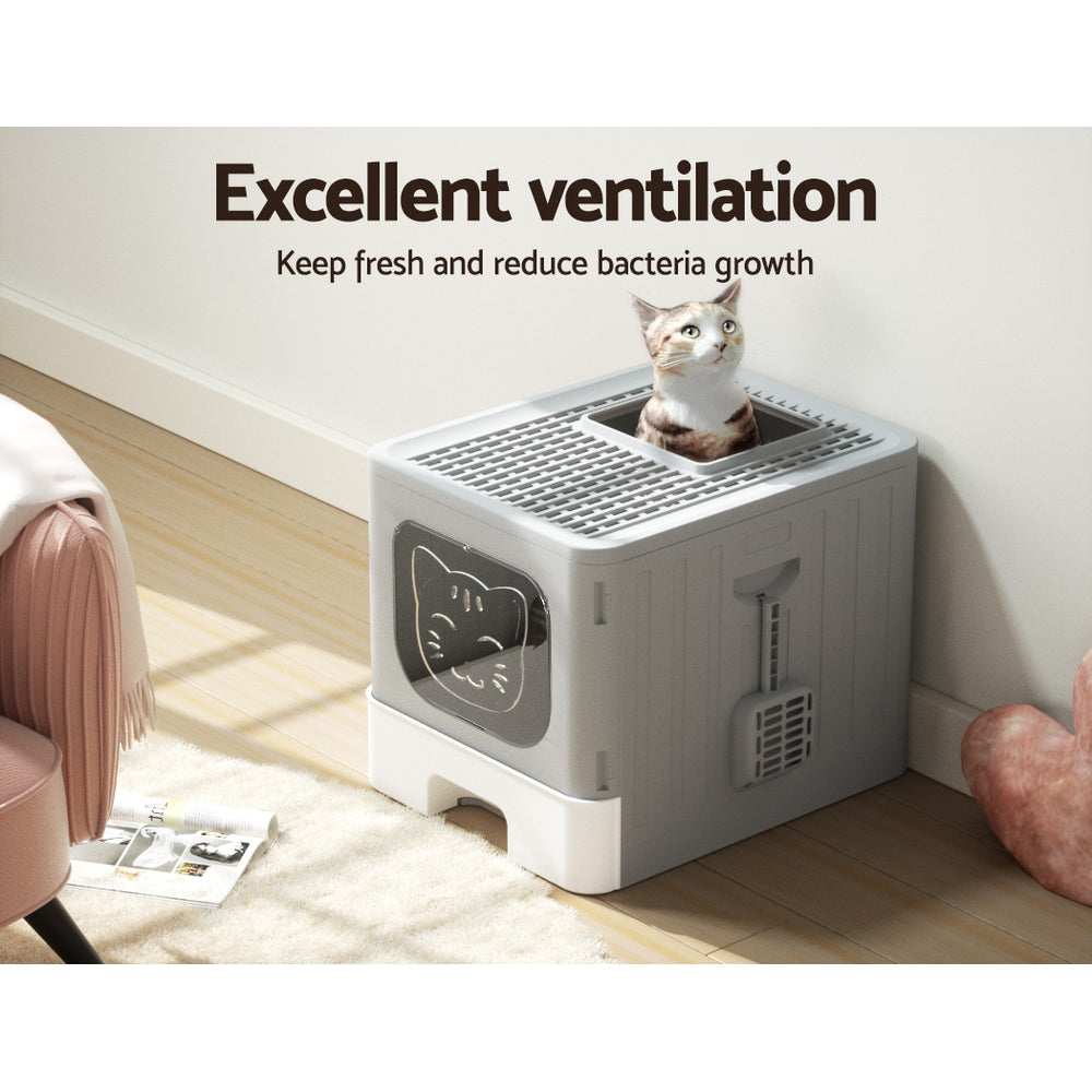 Cat Litter Box Large Tray Kitty Toilet Enclosed Hooded Foldable Scoop Grey Homecoze