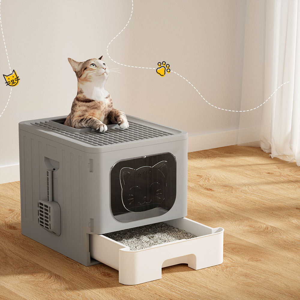 Cat Litter Box Large Tray Kitty Toilet Enclosed Hooded Foldable Scoop Grey Homecoze
