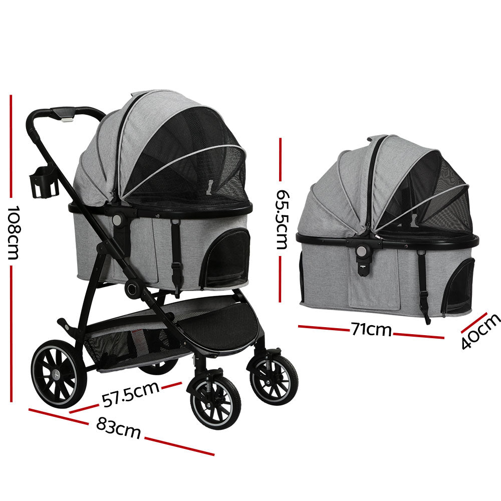 Pet Pram Cat or Dog 3-in-1 Pushchair 4 Wheel Foldable Carrier Stroller - Grey Homecoze