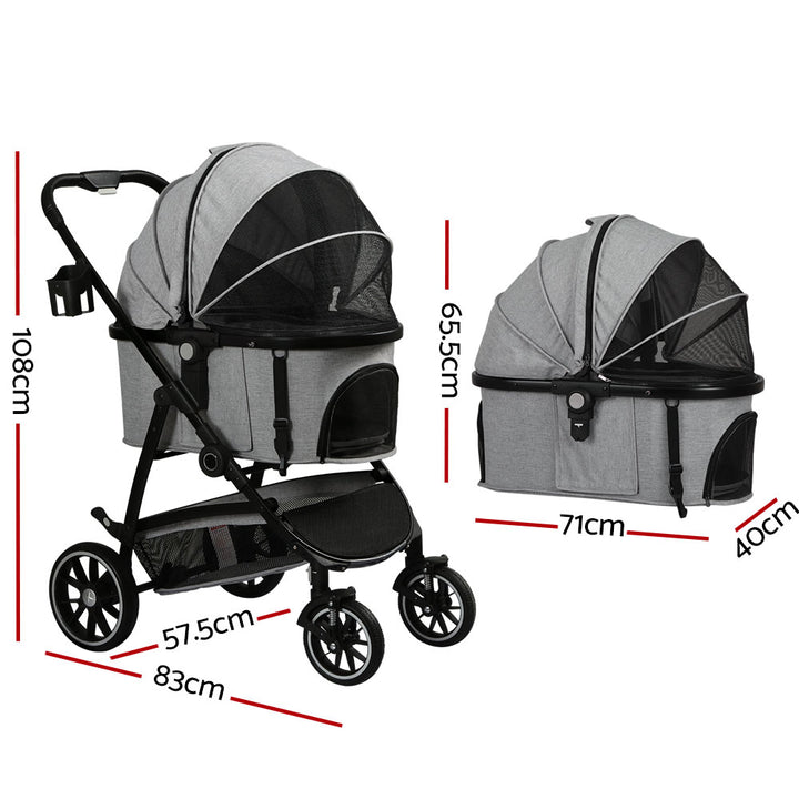 Pet Pram Cat or Dog 3-in-1 Pushchair 4 Wheel Foldable Carrier Stroller - Grey Homecoze