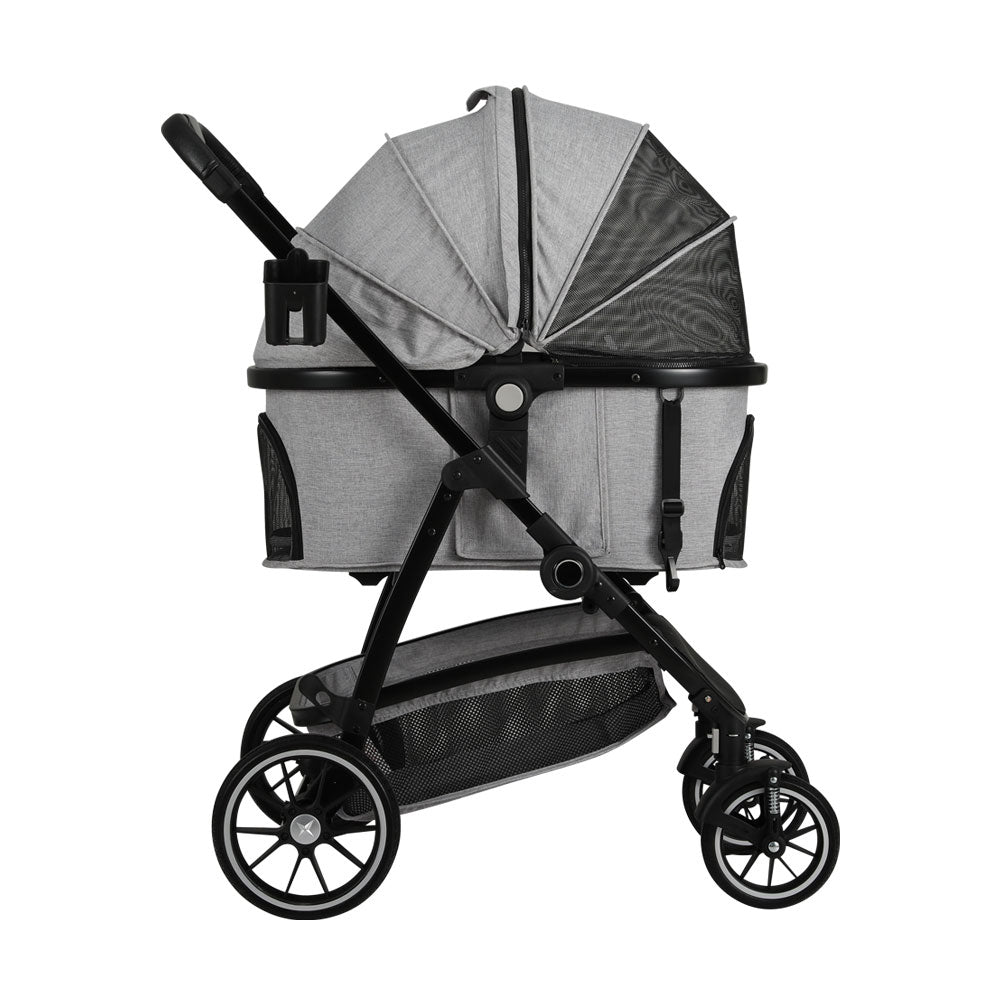 Pet Pram Cat or Dog 3-in-1 Pushchair 4 Wheel Foldable Carrier Stroller - Grey Homecoze