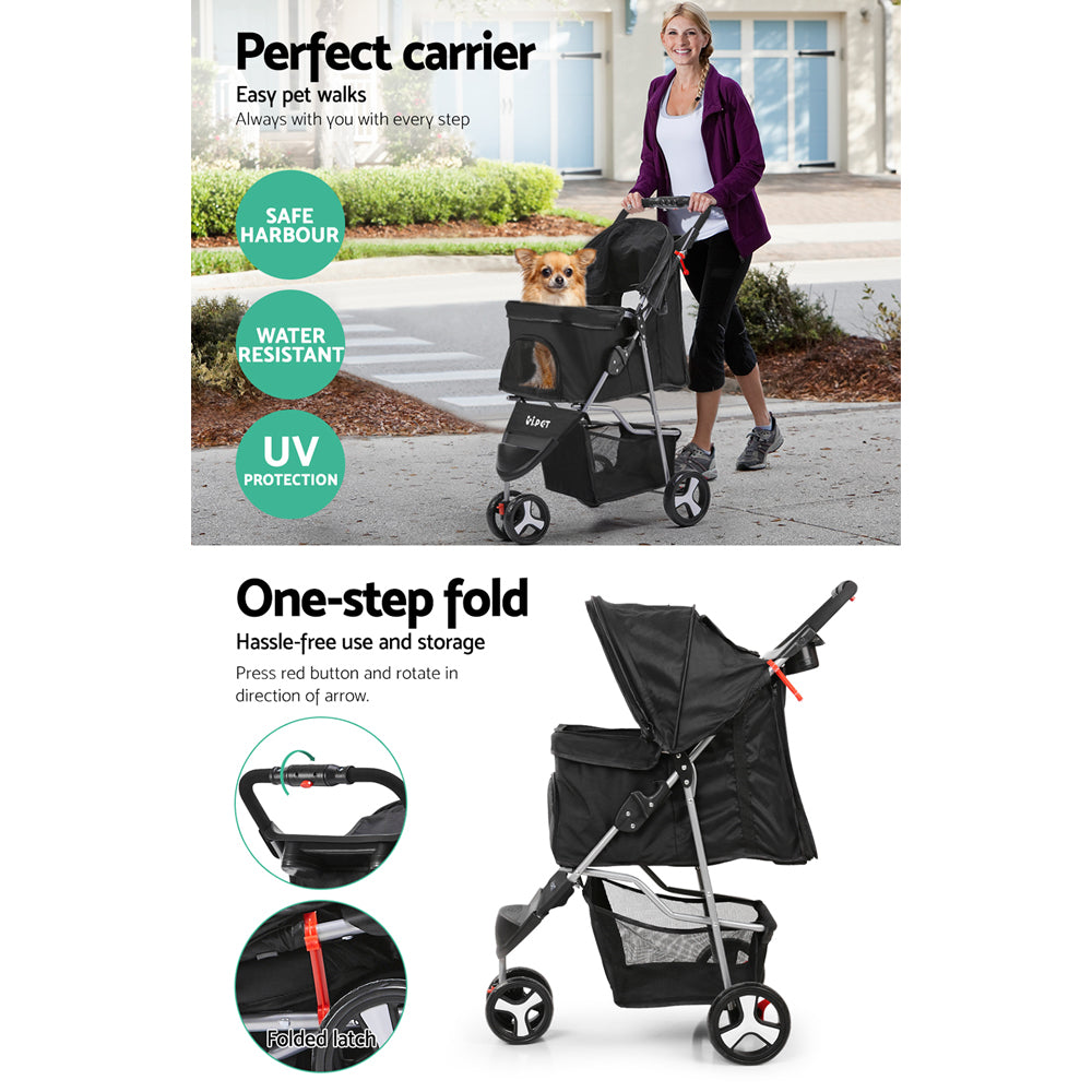 3 Wheel Pet Stroller Fur Baby Pram - Black Homecoze