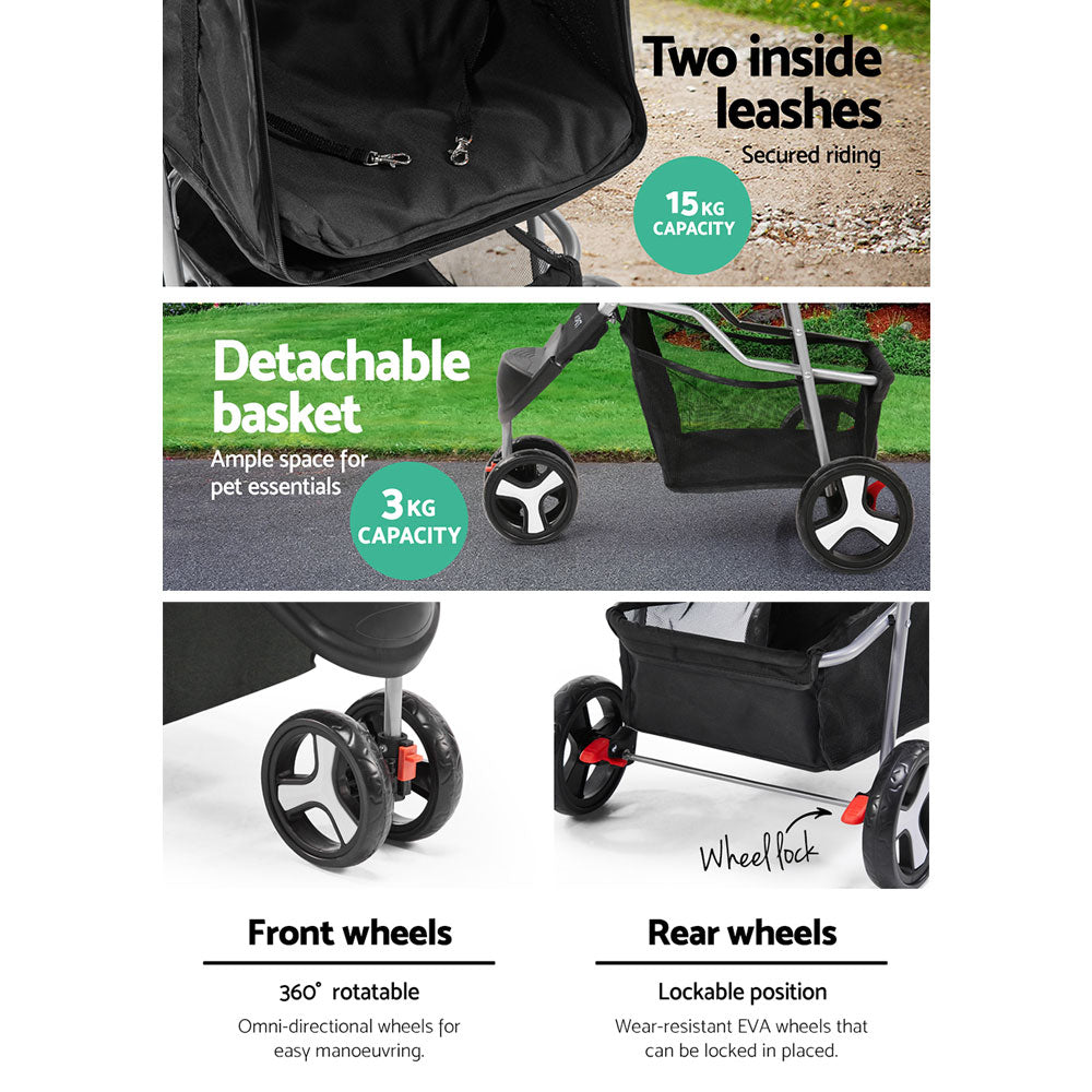 3 Wheel Pet Stroller Fur Baby Pram - Black Homecoze