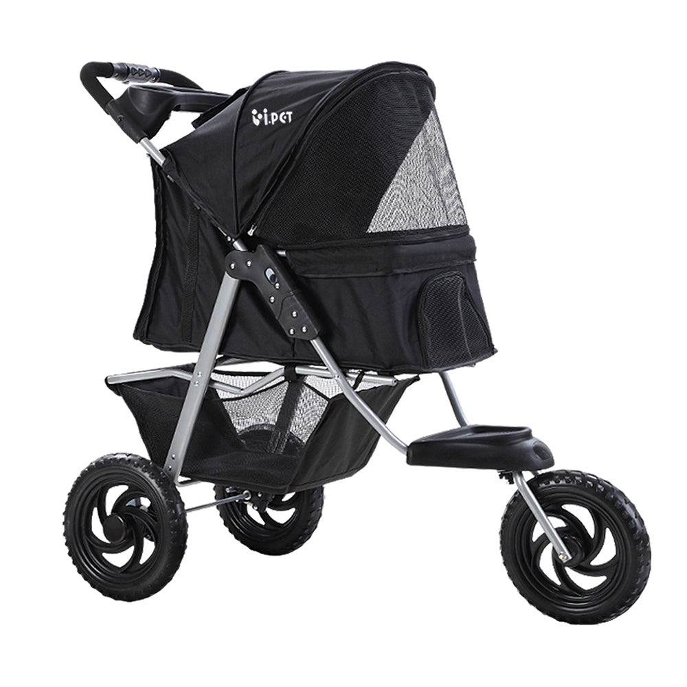 Pet Pram Cat or Dog 3 Wheel Pushchair Foldable Carrier Stroller - Black Homecoze