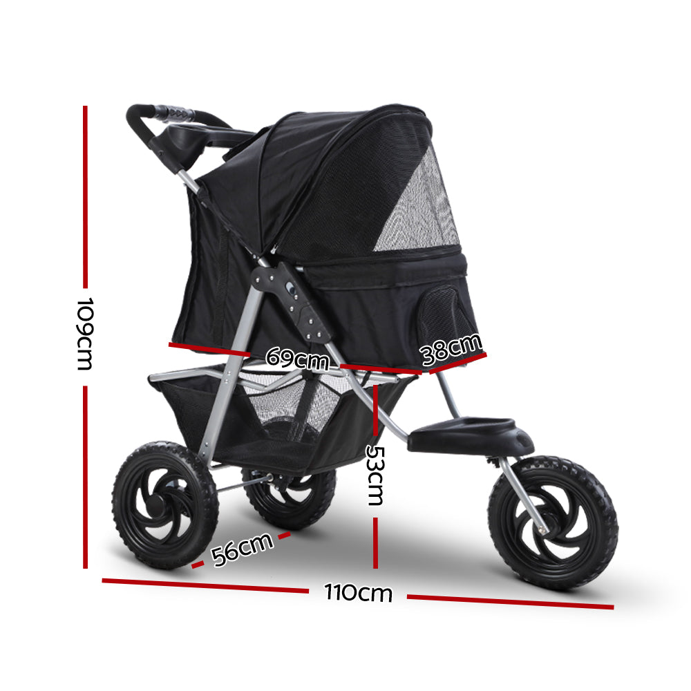 Pet Pram Cat or Dog 3 Wheel Pushchair Foldable Carrier Stroller - Black Homecoze