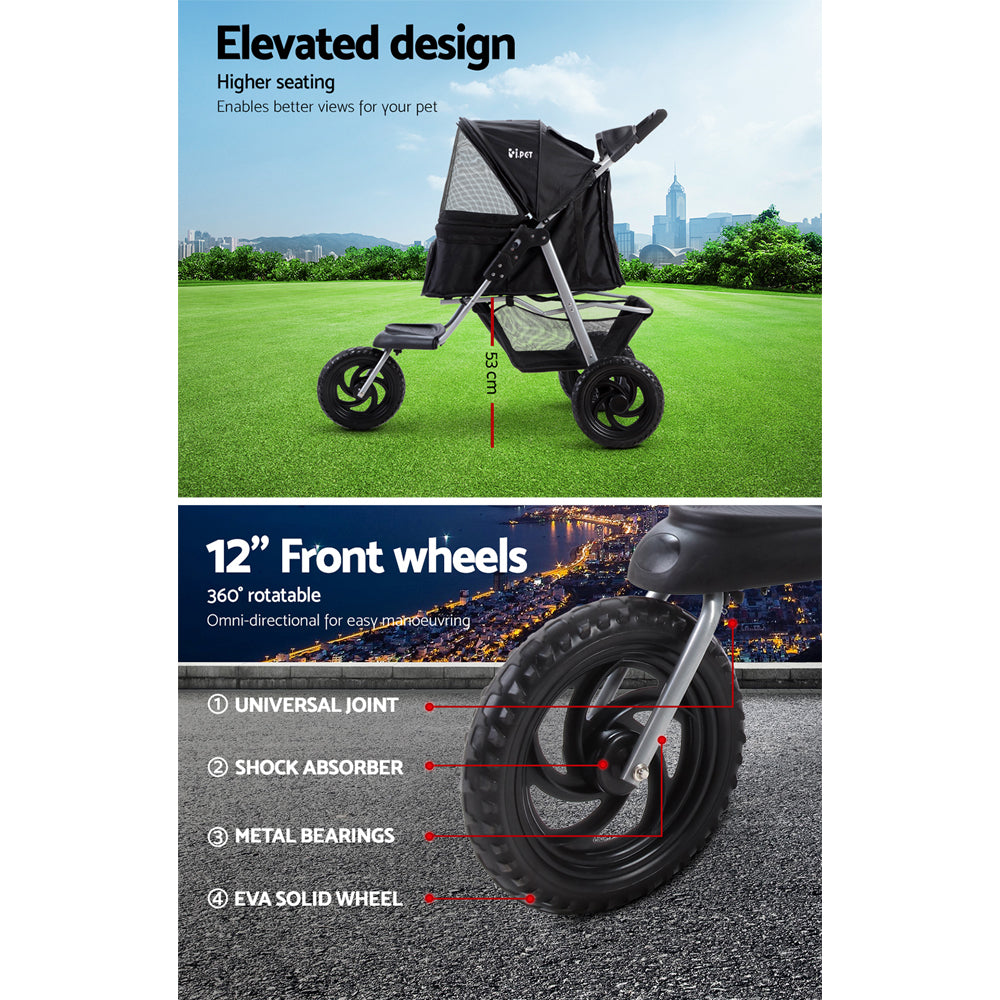 Pet Pram Cat or Dog 3 Wheel Pushchair Foldable Carrier Stroller - Black Homecoze